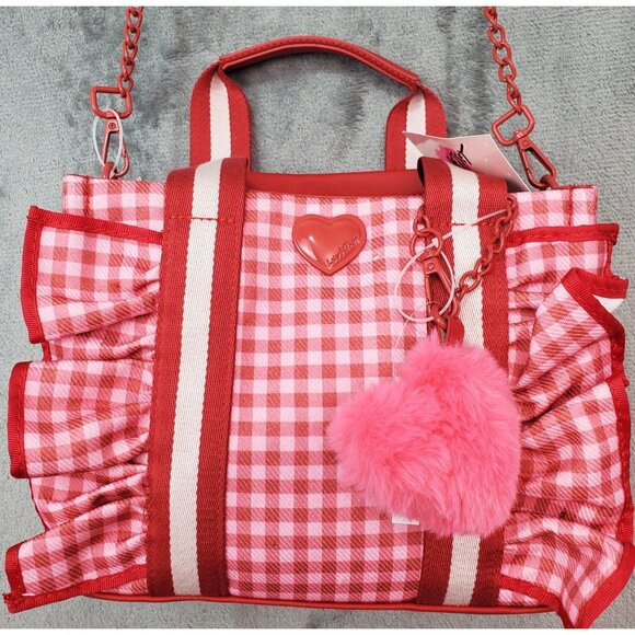 Betsey Johnson Heart LB Ruffle Pink Red Gingham Handbag Crossbody Tote Cottage - Picture 2 of 16